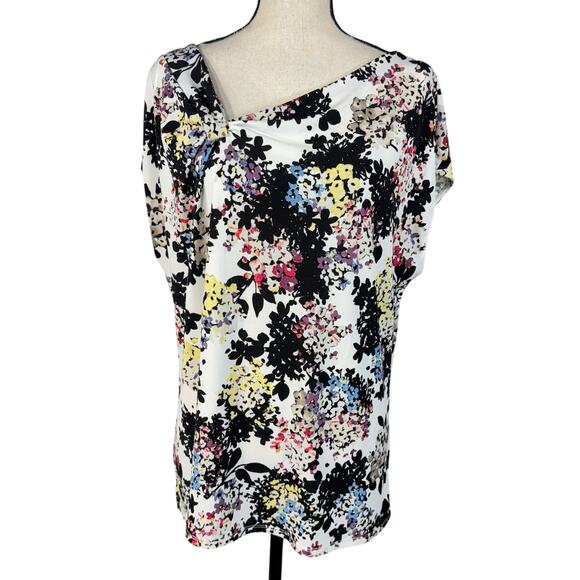 Roz & Ali 1X-Large Top Floral Cap Sleeve Stretch Off-Center Neckline Slits Multi - Picture 1 of 8